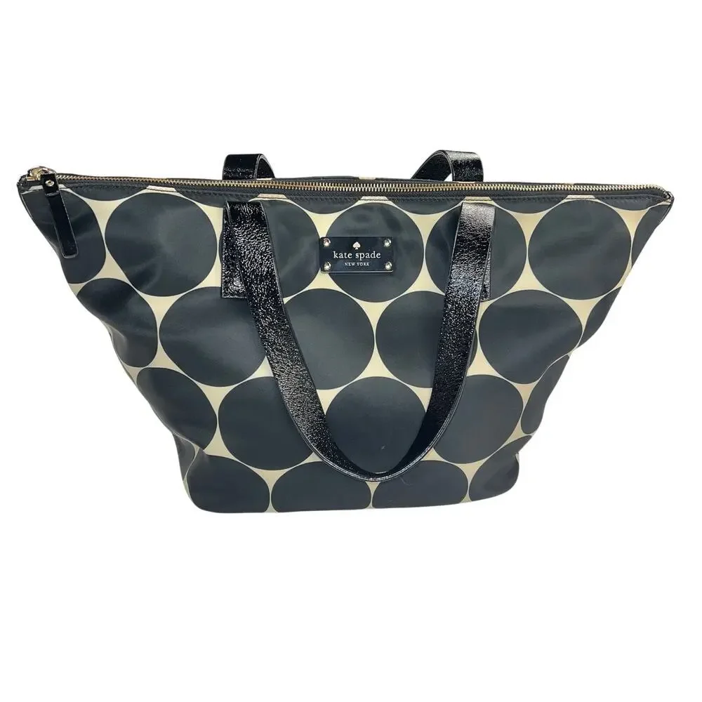 Kate Spade Deborah Dot Nylon Tote Satchel Handbag Black Cream Polka Dot